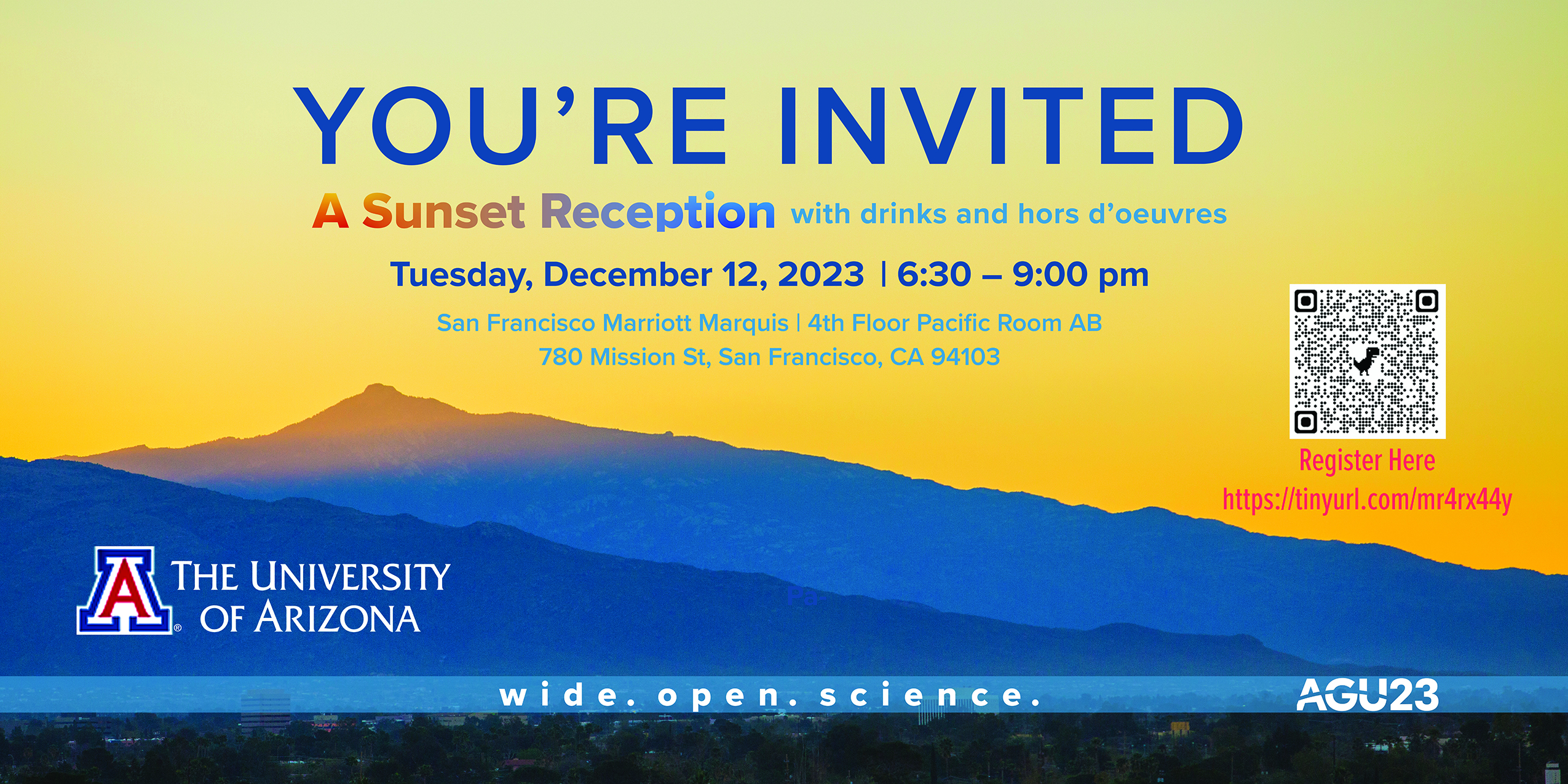 An invitation to a sunset reception with drinks and hors d’oeuvres at the AGU conference.
