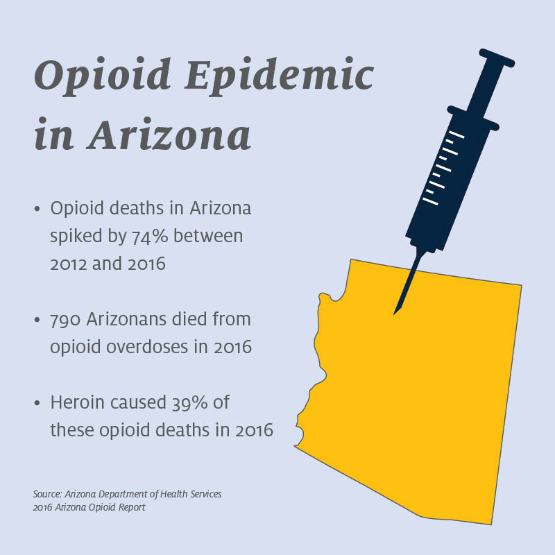 An infographic illustrating the data from the Arizona Department of Health Services 2016 Arizona Opioid Report