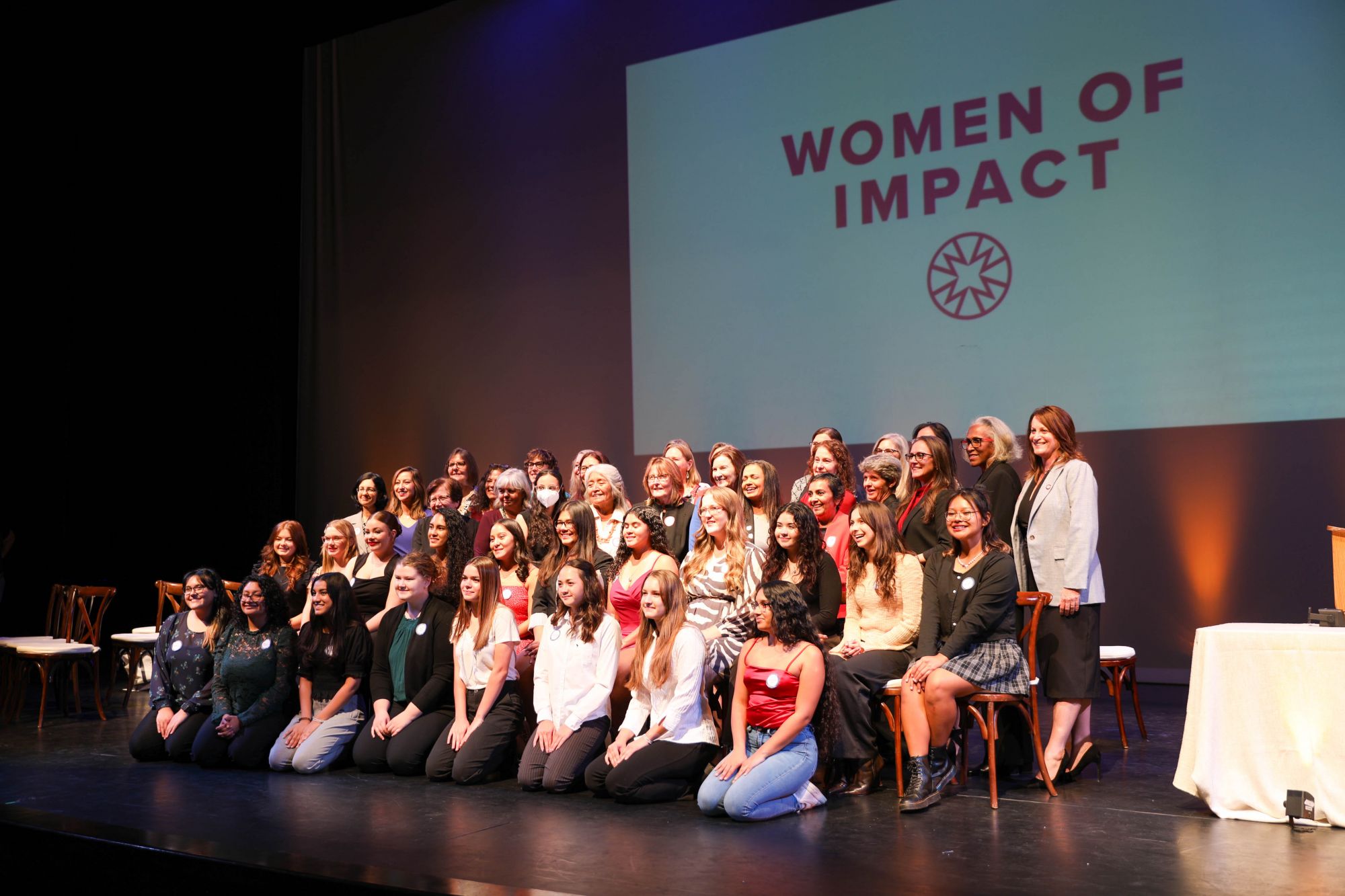 The 2023 Women of Impact and Young Women of Impact cohorts pose for a picture after the awards celebration.