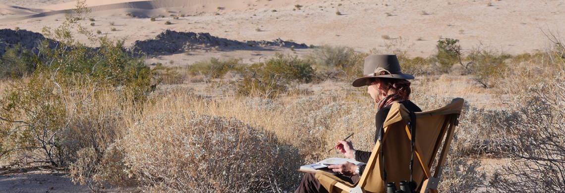 Woman sketching landscape on Tumamoc Hill in Tucson, Arizona