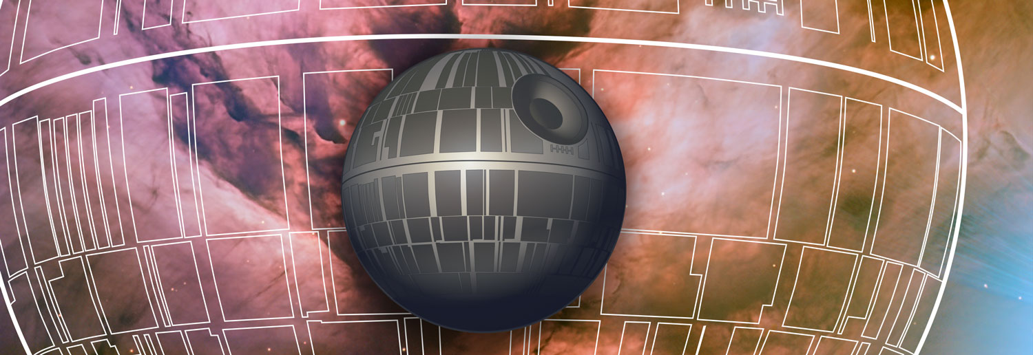 An illustration of the Death Star laid over a white tracing of architectural details on the surface of the Death Star, and a cloudy pink and purple galaxy