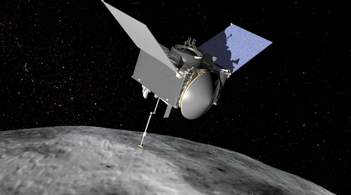 A graphic illustration of the OSIRIS-REx spacecraft touching the surface of the near-Earth, carbon-rich asteroid Bennu.