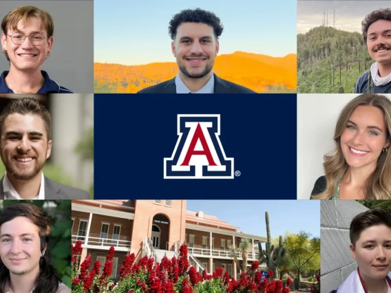 Collage of the seven featured master's students.