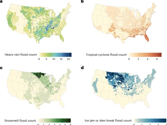 Graphic, provided by Nature Medicine, shows total count of flood events by cause between 2001-2018.