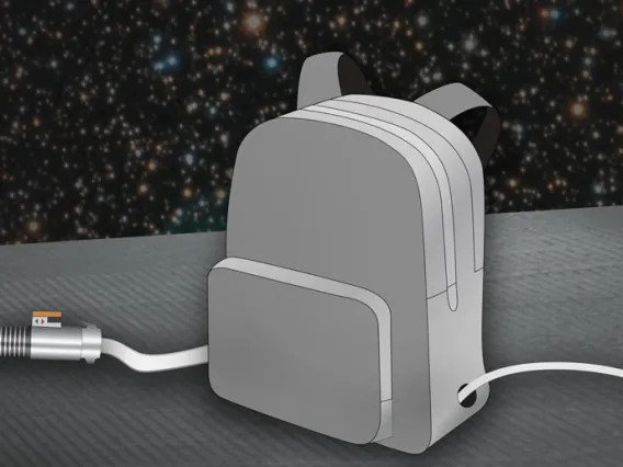  A gray backpack with two holes on the sides for a power plug and a glowing green lightsaber; timer in the background