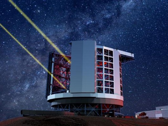 Illustration of Giant  Magellan Telescope with lasers going into night sky