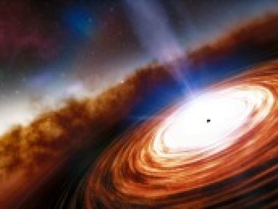 Artist’s impression of a high-redshift quasar as it would have appeared a few hundred million years after the Big Bang. Powered by a supermassive black hole at their center, such quasars can be 1000 times more luminous than the Milky Way galaxy. 