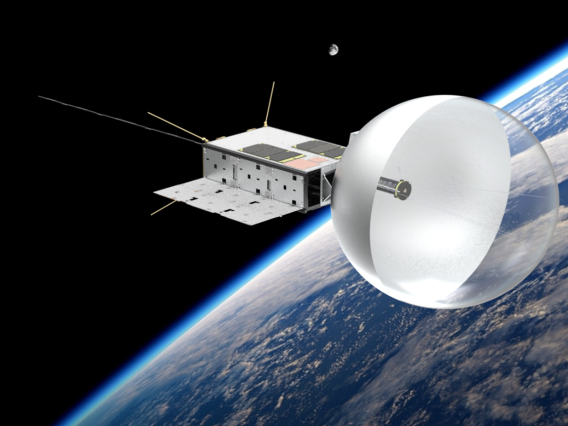 Artist's rendering of CatSat in Earth orbit, with its inflatable, beachball-like antenna deployed. 