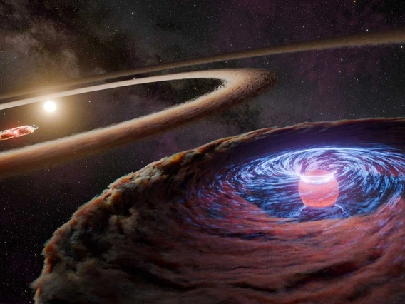 Artist's illustration of protoplanet WISPIT 2b, surrounded by a swirling cloud of gas and dust, with its host star in the distance. 