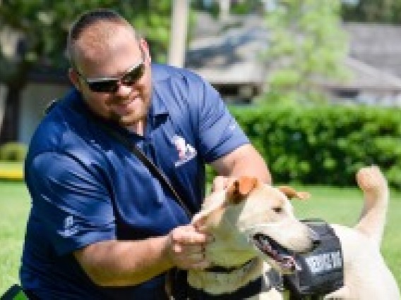 A man wearing sunglasses and a navy blue polo shirtkneels next to a medium-sized yellow dog wearing a "Service Dog" vest.