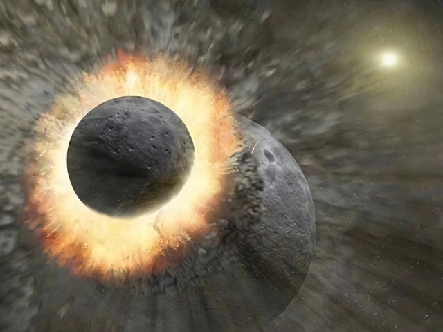 Two celestial bodies, riddled with craters, are depicted crashing into each other. The impact throws up a ring of fiery, molten rock and sprays debris far out into the surrounding space. 