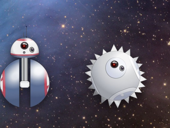 (From left to right) An illustration of BB-8 with a cut-away showing a hamster inside the body; an illustration of BB-8 with a barbell-shaped body; an illustration of a spherical BB-8 with metal spikes across the surface of its body; an illustration of a 