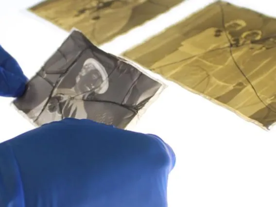 an old corroded photo negative is being examined by an art conservator with gloves on over a light box 