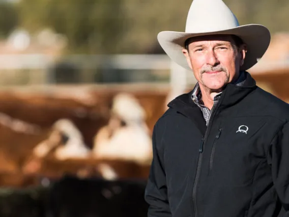 George Ruyle standing in the sun in front of a herd of cattle with his white cowboy hat on
