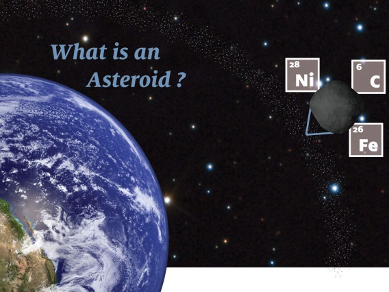What's an asteroid? an image of the earth bigger than an asteroid in the asteroid belt. The selected asteroid has the 3 main elements that make up an asteroid from the periodic table overlaid.