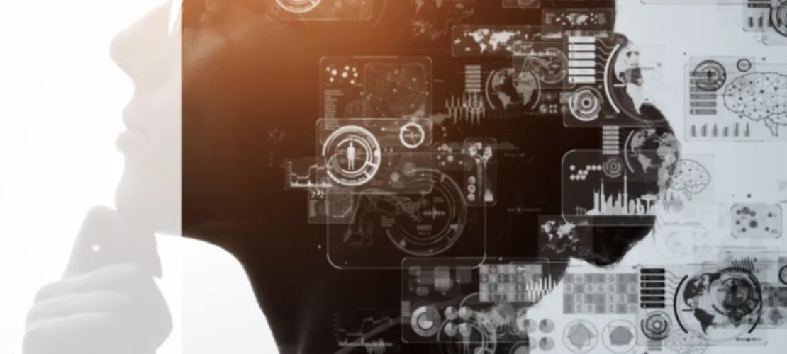 a woman's head in silhouette with digital iconography floating around