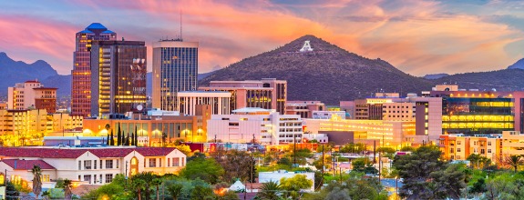 The Tucson city skyline and A Mountain and golden hour