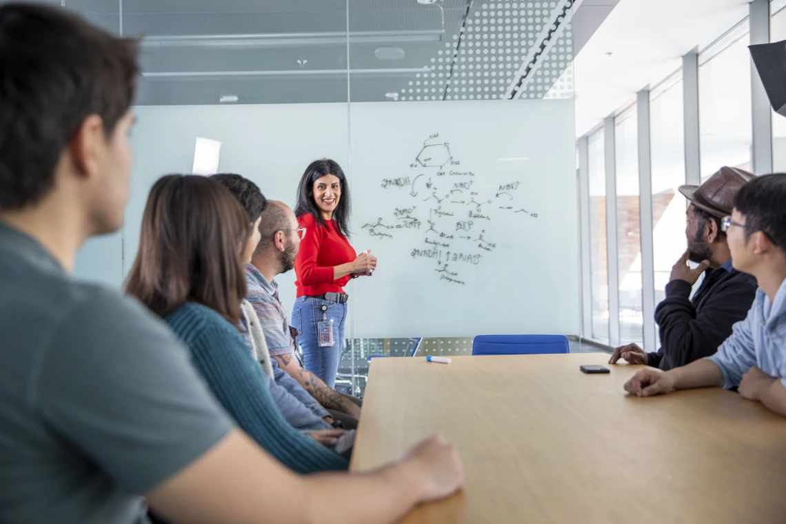 A researcher works at a white board covered in text while others look on from a table.