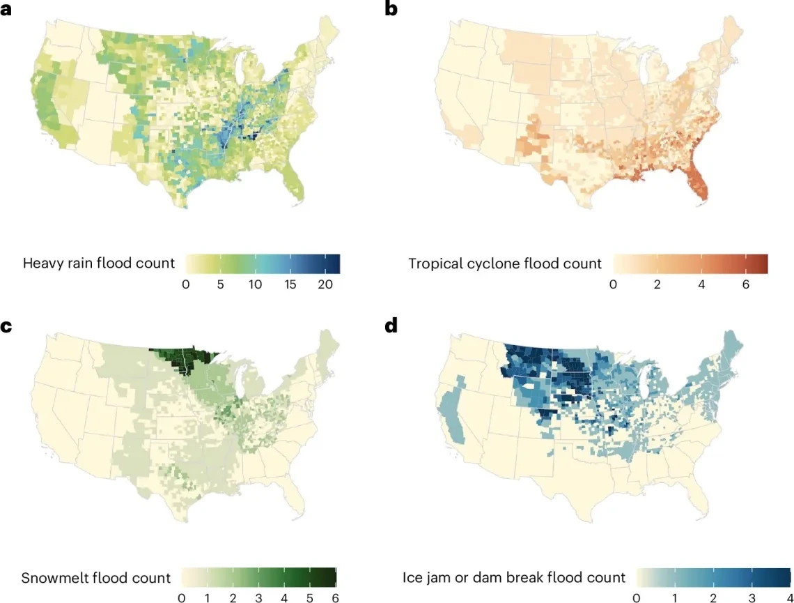 Graphic, provided by Nature Medicine, shows total count of flood events by cause between 2001-2018.