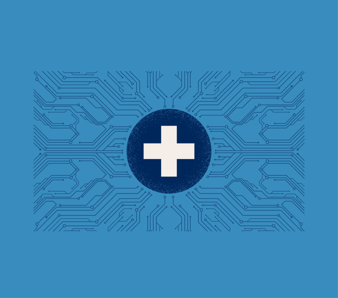 A graphic representation of a circuitboard with a health symbol in the center