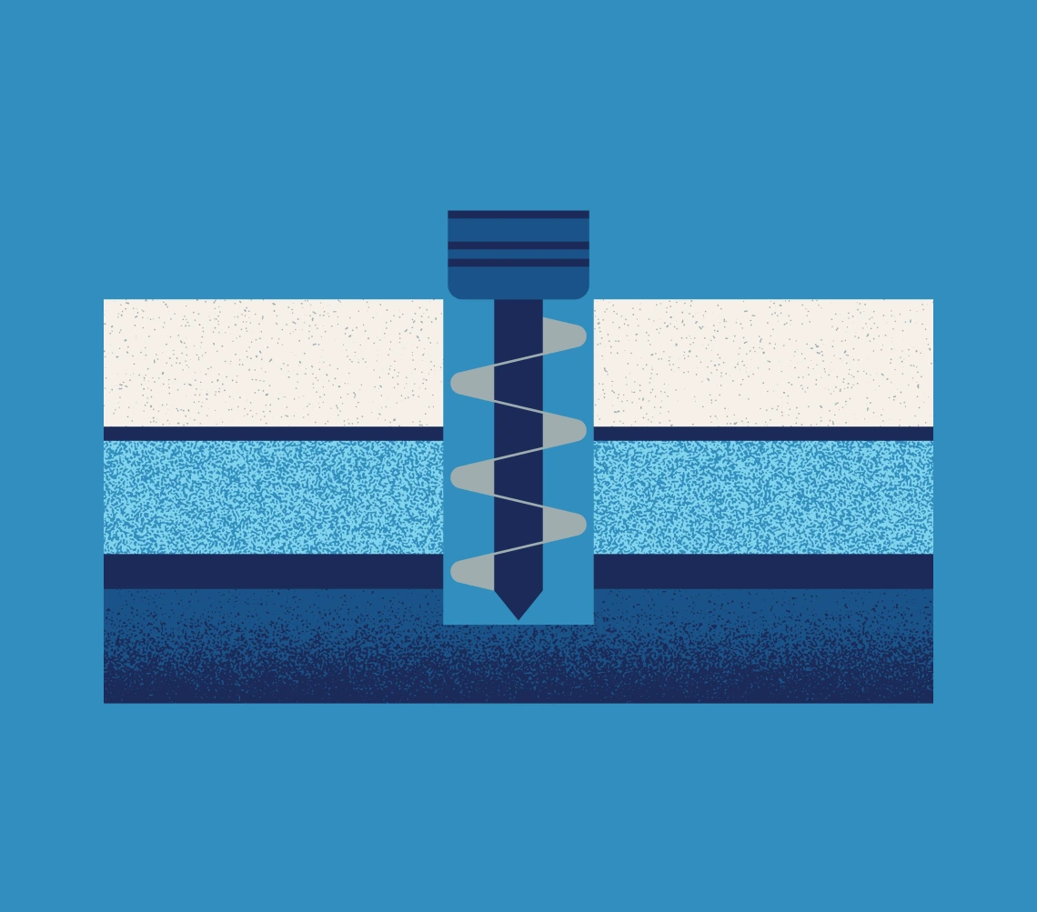 A graphic representation of a drill entering a several layers of earth