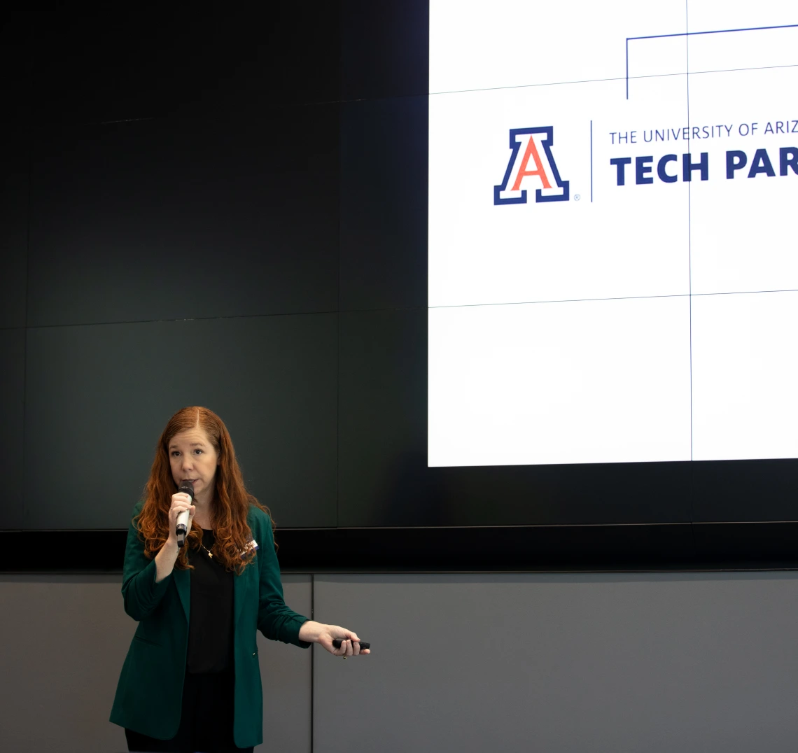 Jessa Turner, Tech Parks Arizona, Associate Vice President for Marketing and Communications, speaking at the AZ Healthcare Delegation.