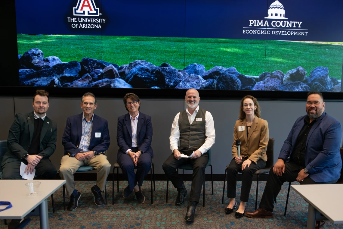 Panelists, Heath Scov-Vichiordi (far left), Jill German (third from left tissue diagnostics), Doug Hockstad (middle with vest), Juan Cardenas (second from left) Courtney Williams (second from right), Romano Tanondong (far right). 