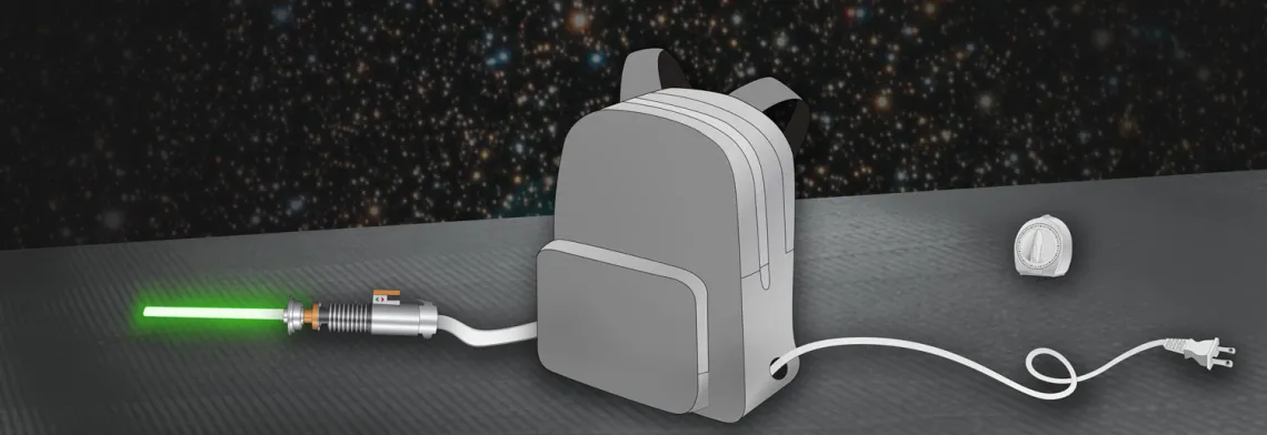  A gray backpack with two holes on the sides for a power plug and a glowing green lightsaber; timer in the background