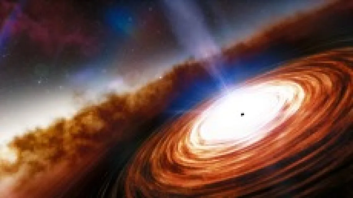 Artist’s impression of a high-redshift quasar as it would have appeared a few hundred million years after the Big Bang. Powered by a supermassive black hole at their center, such quasars can be 1000 times more luminous than the Milky Way galaxy. 