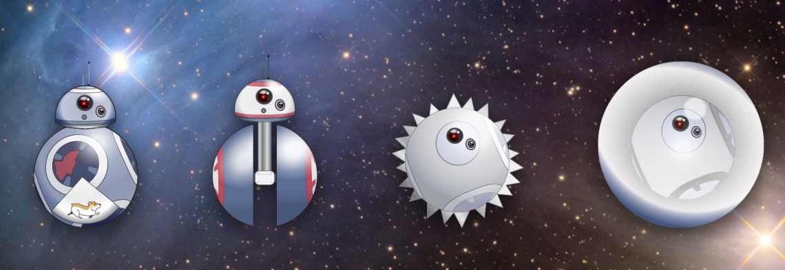 (From left to right) An illustration of BB-8 with a cut-away showing a hamster inside the body; an illustration of BB-8 with a barbell-shaped body; an illustration of a spherical BB-8 with metal spikes across the surface of its body; an illustration of a 