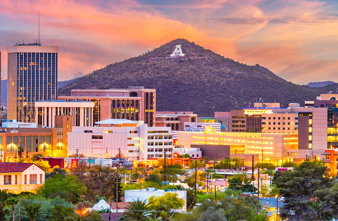 The city of Tucson skyline and A Mountain at golden hour