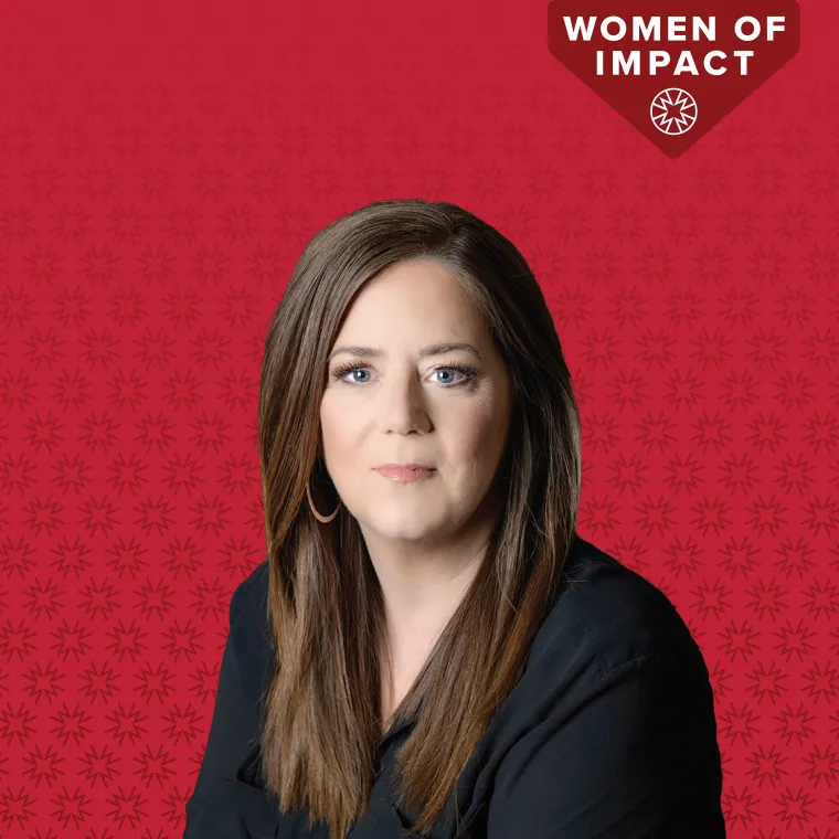 Portrait of Carol Stewart with red Women of Impact Background