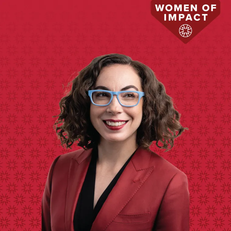 Portrait of Erika Hamden with red Women of Impact Background