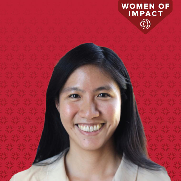 Portrait of Judith Su with red Women of Impact Background