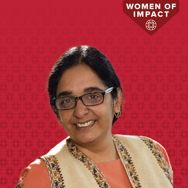 Portrait of Lalitha Madhavan with red Women of Impact Background