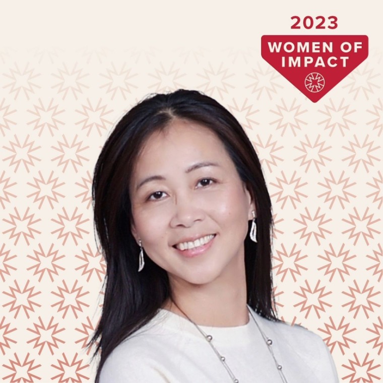 Portrait of Shufang Su in front of Women of Impact background