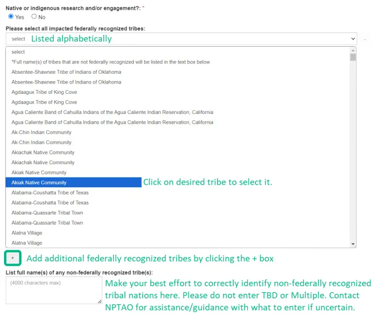 Image of UAccess Research Supplemental Information questions for Native or indigenous research and/or engagement.