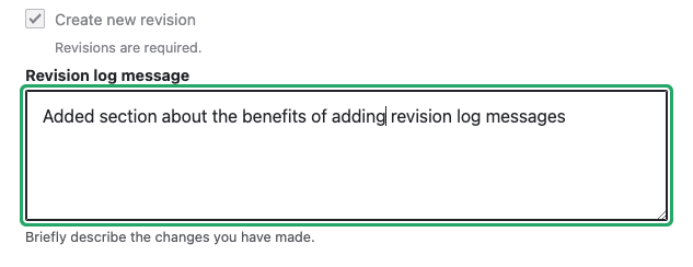 screenshot showing where to add a revision log message to your page