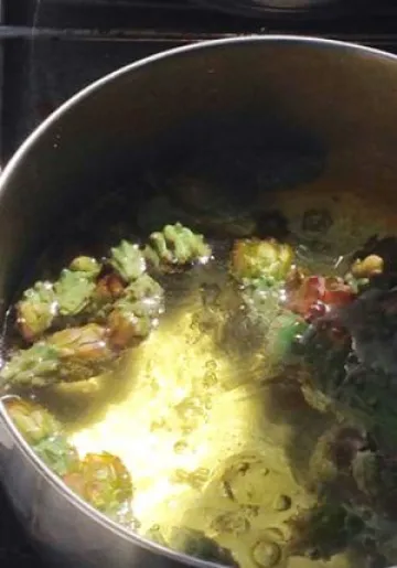 Cholla cactus buds looking in water over a stove