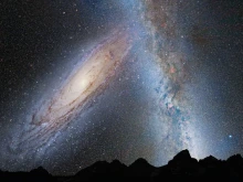 In this artist's illustration of Earth's night sky in 3.75 billion years, Andromeda fills the field of view and begins to distort the Milky Way with tidal pull.