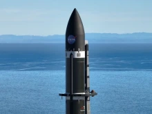 The payload nose cone is pictured against the ocean backdrop at Rocket Lab's launch site in New Zealand