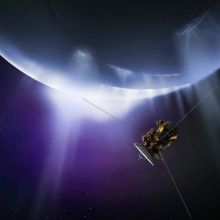 Artist&#039;s impression of the Cassini spacecraft flying through plumes erupting from the surface of Saturn&#039;s moon Enceladus