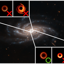 Illustration showing a collage of different simulated black holes and a large galaxy