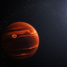 An illustration of exoplanet VHS 1256 b shows a dimly glowing, Jupiter-like planet with cloud features in its atmosphere. 