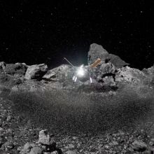 Artist&#039;s impression of the OSIRIS-REx spacecraft kicking up rocks during sample collection on asteroid Bennu&#039;s surface