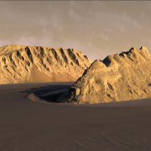 Digital terrain model of Ganges Chasma on Mars shows two mountain ridges forming a steep canyon.