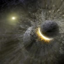 This artist concept illustrates two celestial bodies crashing into each other.