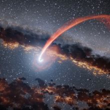 Illustration of a black hole shredding a star in a tidal disruption event