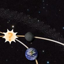 Illustration of asteroid and earth trajectories traveling through space