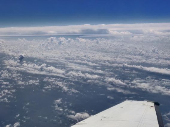 A photo of the top of the cloud layer, taken from a plane. The wing of the plane is visible